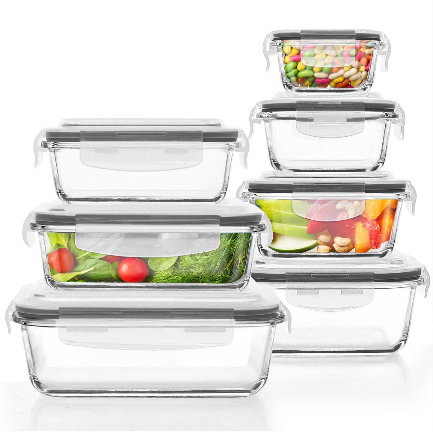 14 Pcs Glass Food Storage Containers, Meal Prep, Airtight Bento Boxes Lunch Box with Leak Proof Locking Lids, Microwave/Oven/Freezer/Dishwasher Safe, BPA Free, Gray