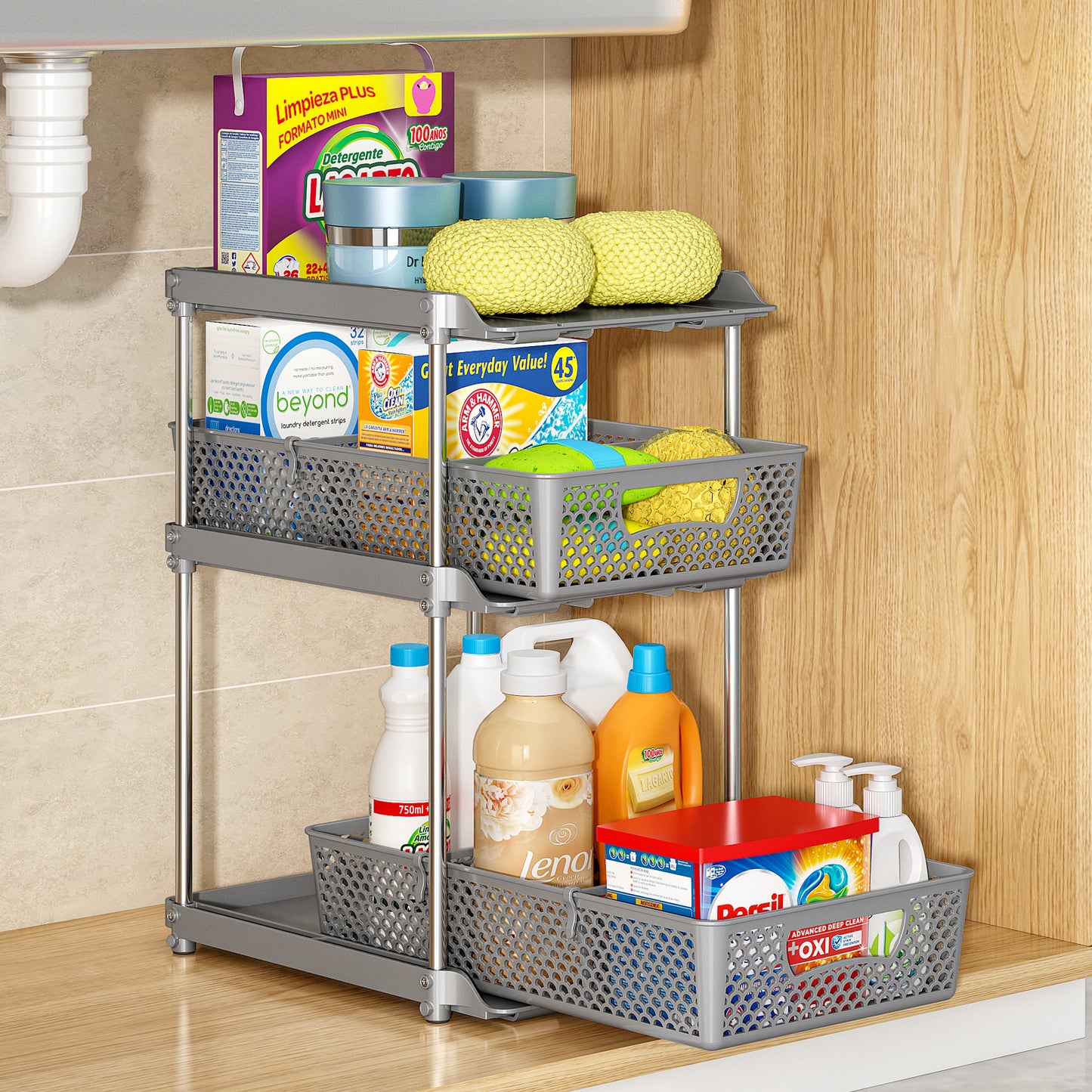 TAIMASI Pull-Out 3 Tier Bathroom Organizers and Storage, Under Sink Organizer, Kitchen Cabinet Organizer Gray, 1 (Count)