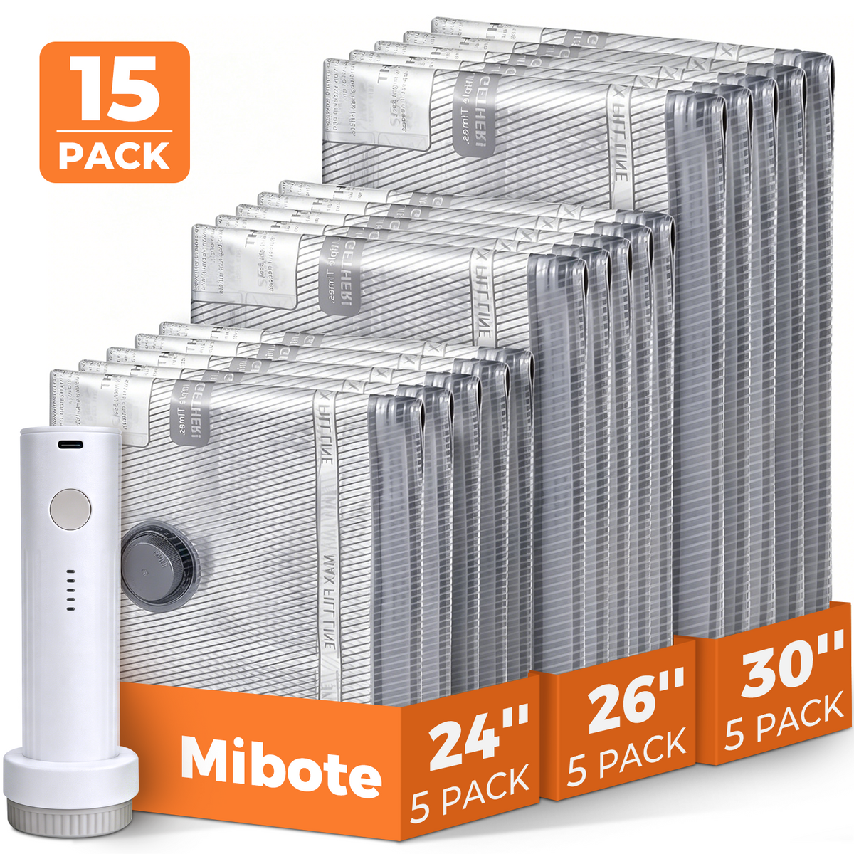 Mibote Vacuum Bags for Travel with Rechargeable Pump, 15 Combo Space Saver Compression Packing Seal Storage for Clothes Luggage