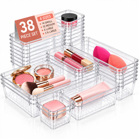 TAIMASI 38 Pcs Clear Plastic Drawer Organizer Set, 4 Sizes Desk Drawer Divider Organizers and Storage Bins for Makeup, Jewelry, Gadgets for Kitchen, Bedroom, Bathroom, Office