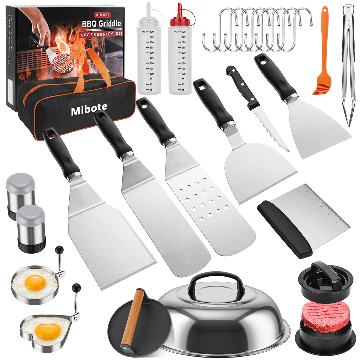 Mibote 28-Piece Griddle Accessories Kit, Flat Top Grill Tools Set with Spatula Scraper and Basting Cover, Hibachi BBQ Grilling