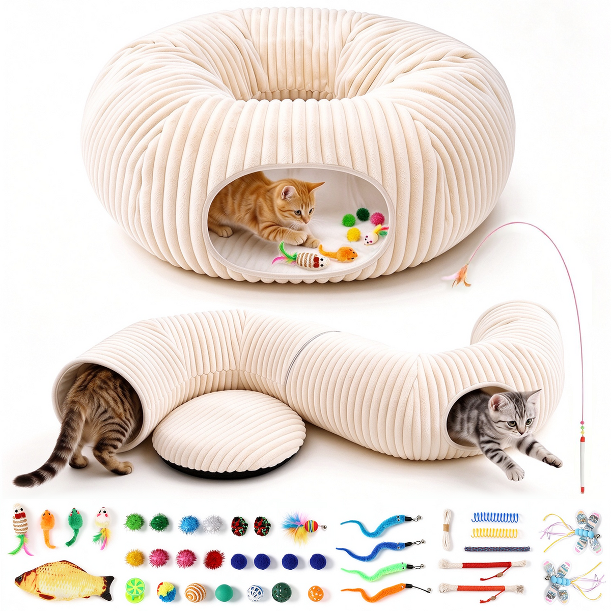 42 Pcs Cat Toys Kitten Toys, Interactive Cat Toy with Collapsible Cat Tunnel Bed, Interactive Kitty Toys Feather Teaser Spring Toy Set for Cat, Kitty