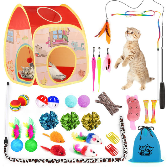 34Pcs Cat Toys Kitten Toys,Interactive Cat Toys Set with Collapsible Cat Tunnels Tent for Indoor Cats,Retractable Cat Wand Toys Catnip Toys Cat Feather Teaser Fluffy Mouse Crinkle Balls for Cat,Kitty