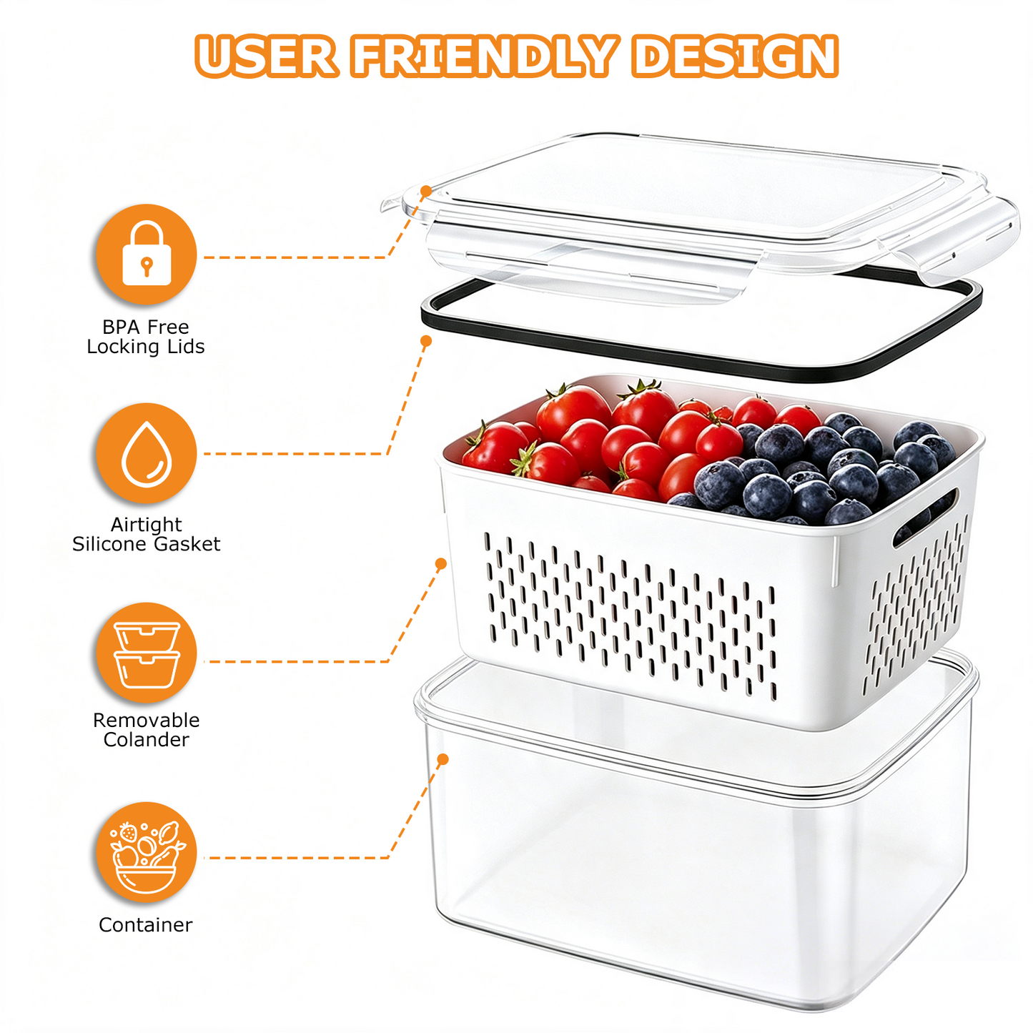 4 Pack Fruit Storage Containers for Fridge with Removable Colanders and Lids, 4 in 1 Leakproof Fridge Organizer Bins for Salad Berry Lettuce Vegetables Meat Keeper Fresh