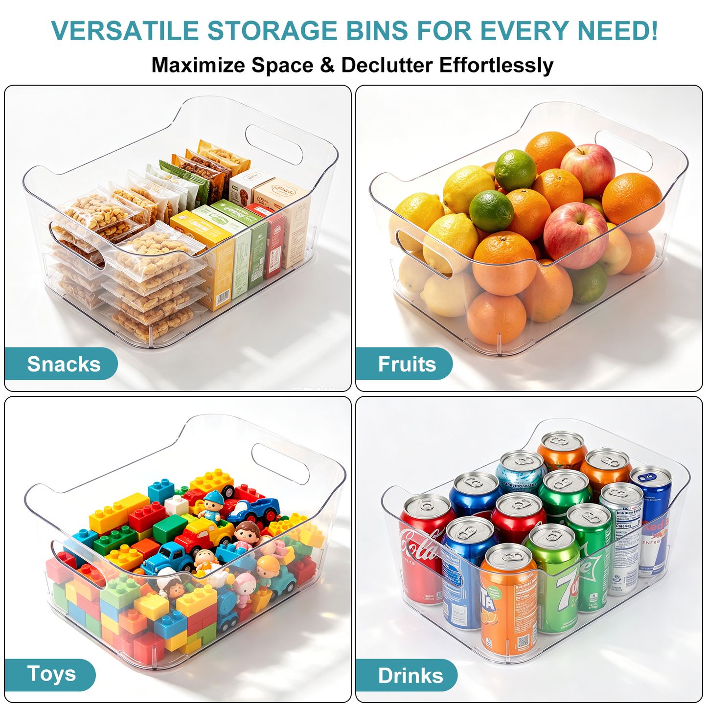 6 Pack Clear Plastic Storage Bins, TAIMASI Plastic Pantry Organizers and Storage Bins with Handle, Multi-Use Clear Storage Containers for Home, Kitchen, Cabinet, Fridge Organization