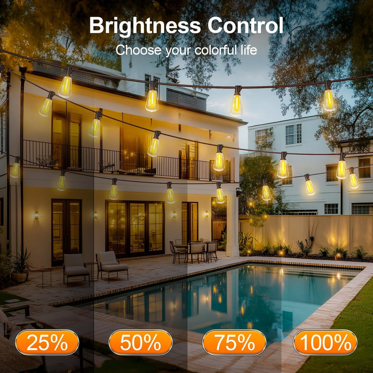 Outdoor String Led Patio Lights, 50Ft Waterproof Light 18 Bulbs+1 Spares with Remote Dimmable ST38 Shatterproof Bulb, for Backyard Yard Porch Party
