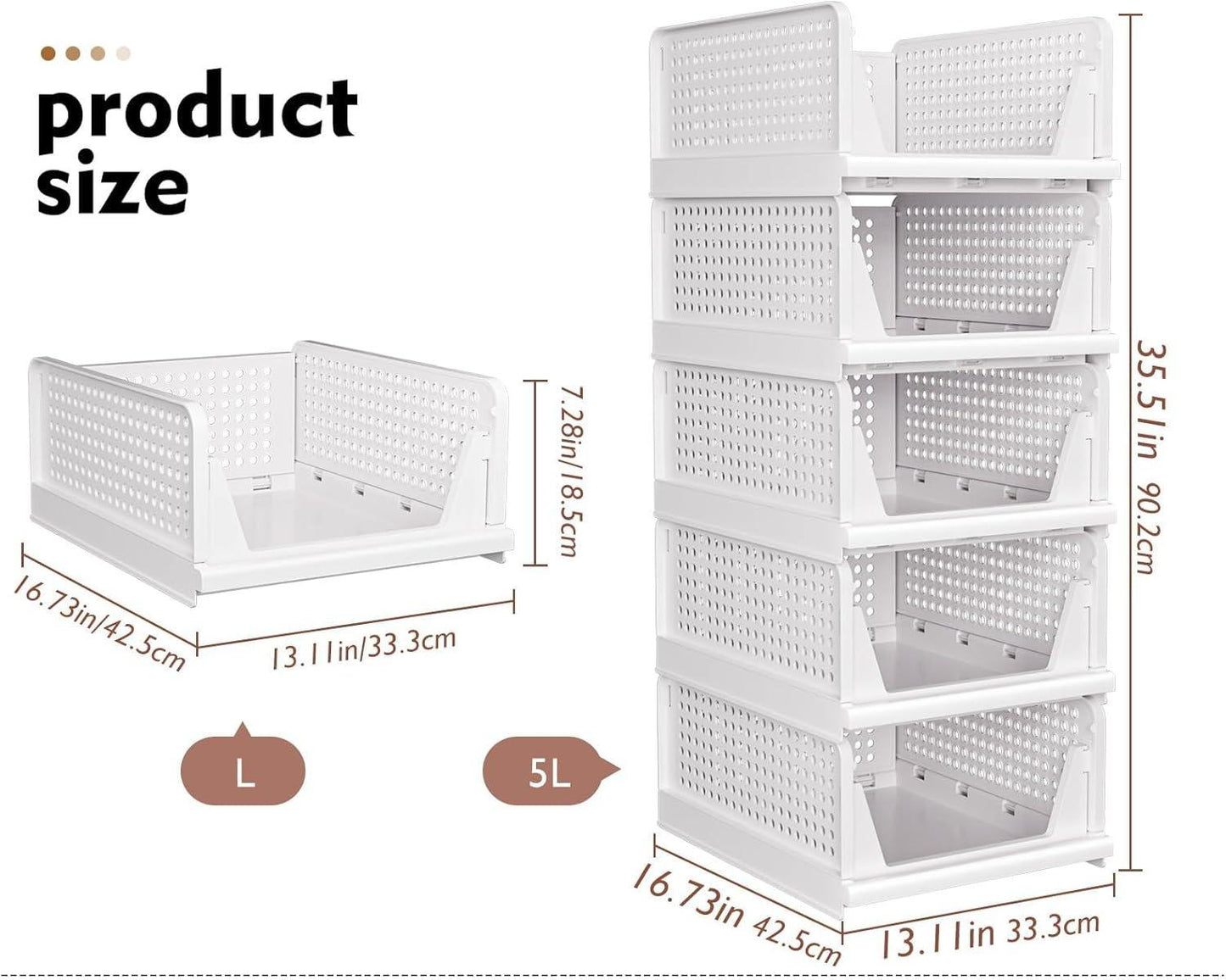 TAIMASI 5 Pack Stackable Closet Storage Basket, Multifunctional Foldable Closet Organizer for Kitchen Bathroom Laundry Room Wardrobe Storage, Space-Saving Clothes Storage Drawer Organizer, White