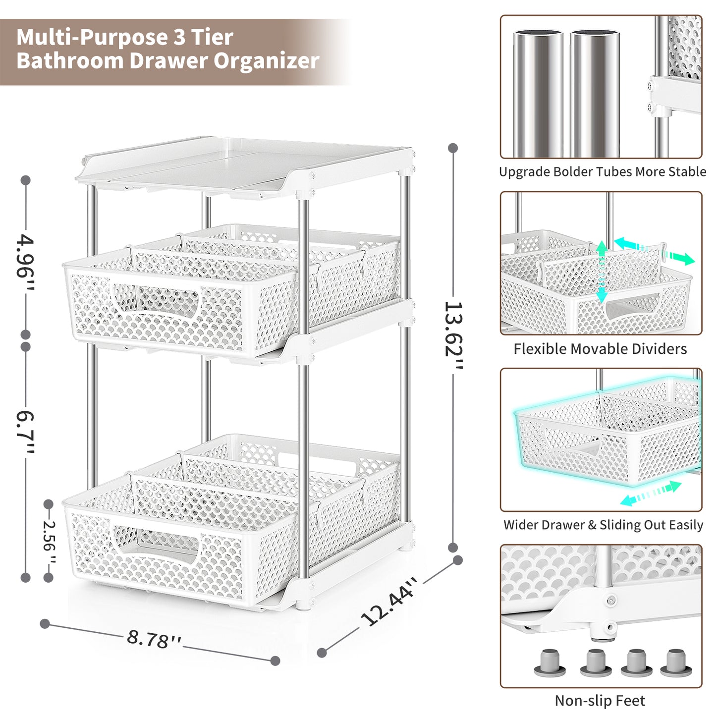 TAIMASI Pull-Out 3 Tier Bathroom Organizers and Storage, Under Sink Organizer, Kitchen Cabinet Organizer White, 3 (Count)