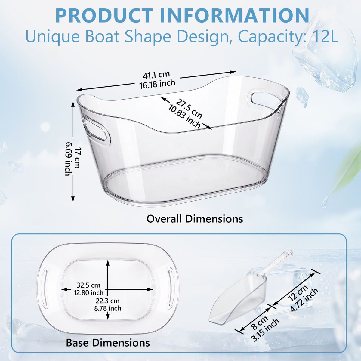 12L Plastic Ice Bucket for Parties with Scoop, TAIMASI 2 Packs BPA Free Large Capacity Drop-Resistant Beverage Tub for Wine, Beer, Juice, Portable Cooler for Outdoor Cocktail Mimosa & Soda Bar