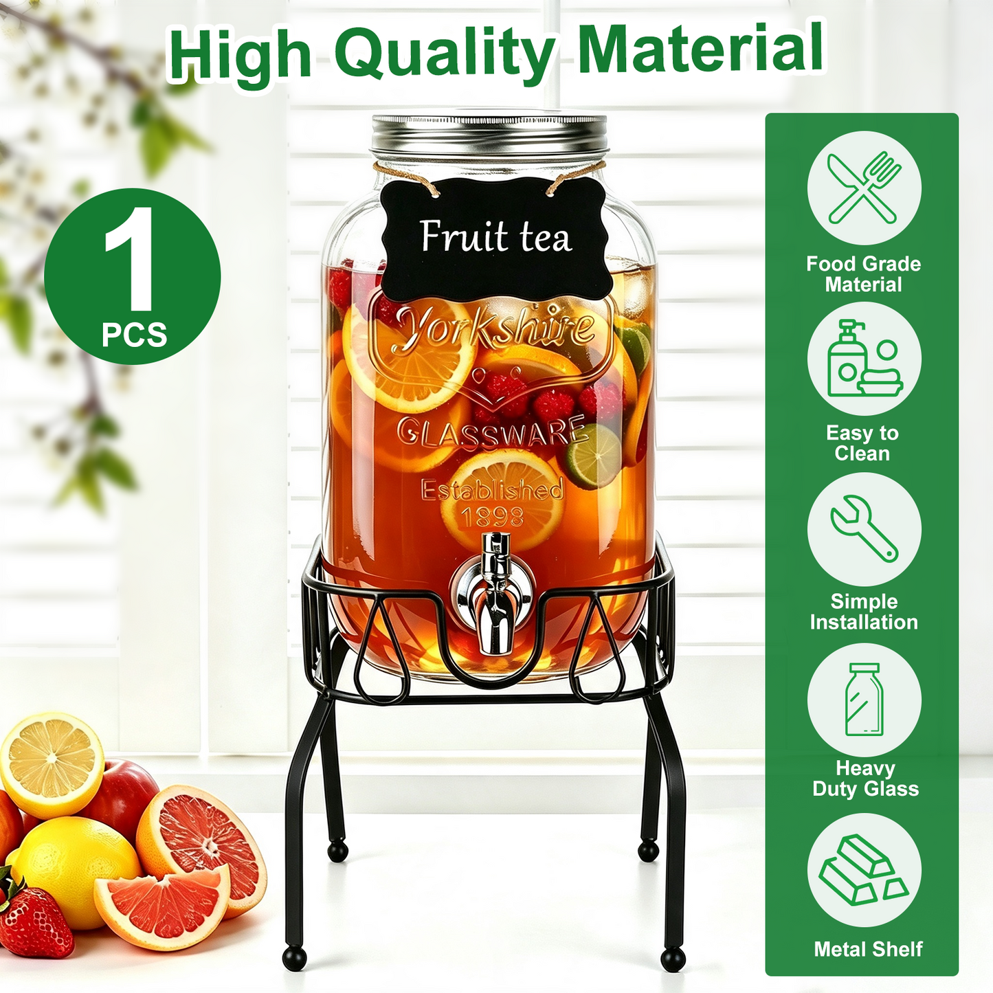 1 Gallon Glass Drink Dispensers for Parties, TAIMASI Beverage Dispenser with Stand & Ice Cylinder, Leakproof Lemonade Drink Dispenser for Sun Tea, Homemade Juice
