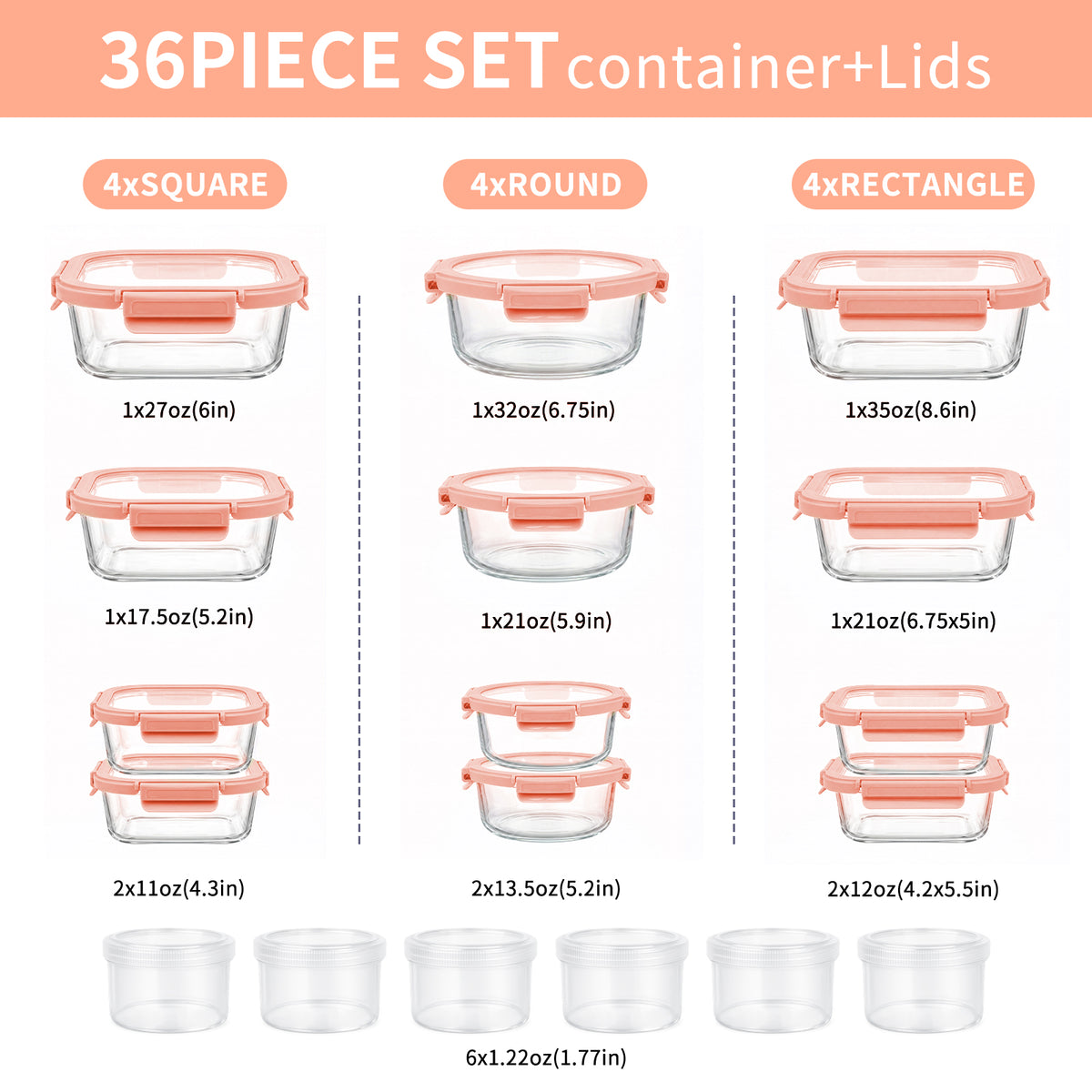 36 Pcs Glass Food Storage Containers with Tempered Lids Set, Borosilicate Oven-Safe(-4°F~950°F), Airtight Meal Prep Lunch Box Containers (18 Containers & 18 Lids), Pink