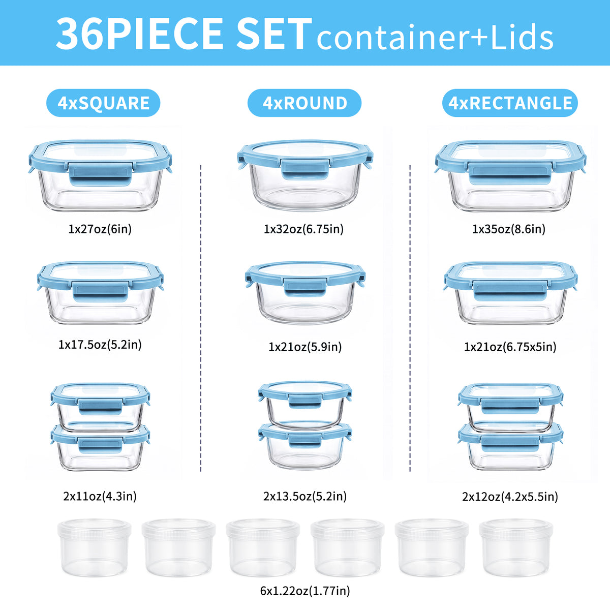 36 Pcs Glass Food Storage Containers with Tempered Lids Set, Borosilicate Oven-Safe(-4°F~950°F), Airtight Meal Prep Lunch Box Containers (18 Containers & 18 Lids), Milk blue