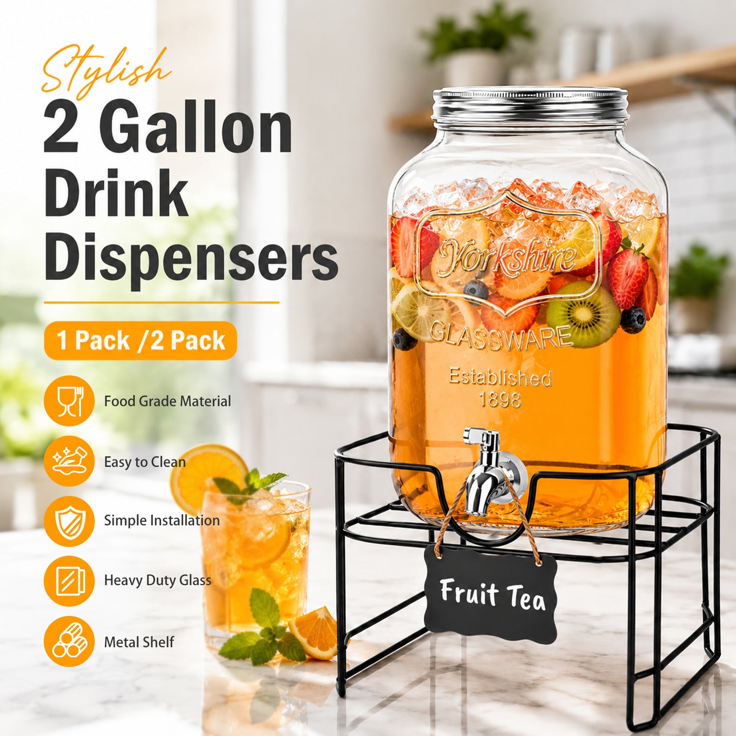 Drink Dispensers, TAIMASI 2 Gallon Glass Beverage Dispenser with Stand & Stainless Steel Spigot for Parties, Lemonade Dispenser for Sun Tea, Picnic