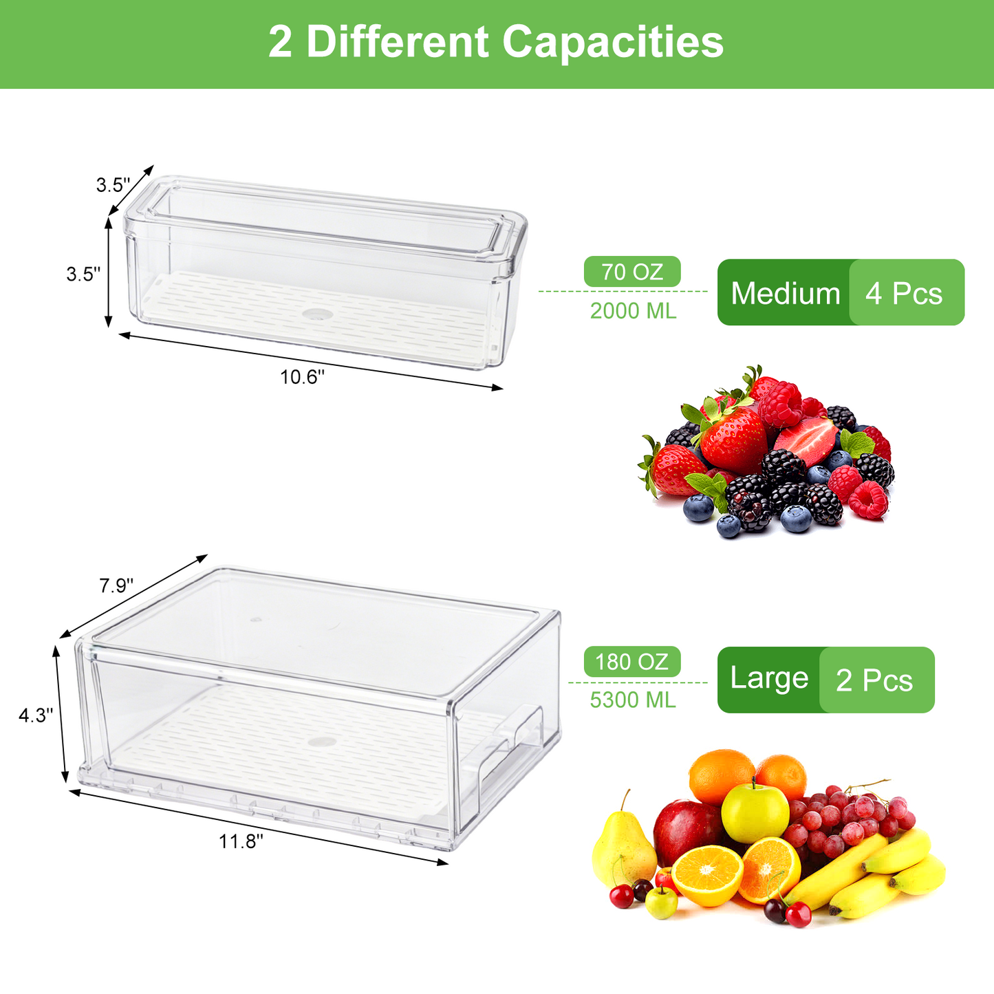6 Pack Refrigerator Drawer Organizer Bins with Lids, Stackable Fridge & Pantry Storage Bins with Strainer Layer, Clear Plastic Storage Bins for Kitchen, Fruits, Vegetables, Drinks, Snack & Food