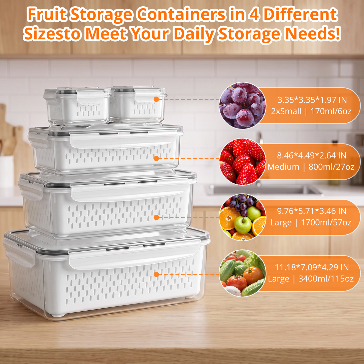 10 Pack Fruit Storage Containers for Fridge with Removable Colander & Handle Lid, Refrigerator Organizers and Storage, 10-in-1 Leakproof Organizer for Salad, Berries, Vegetables & Meat.
