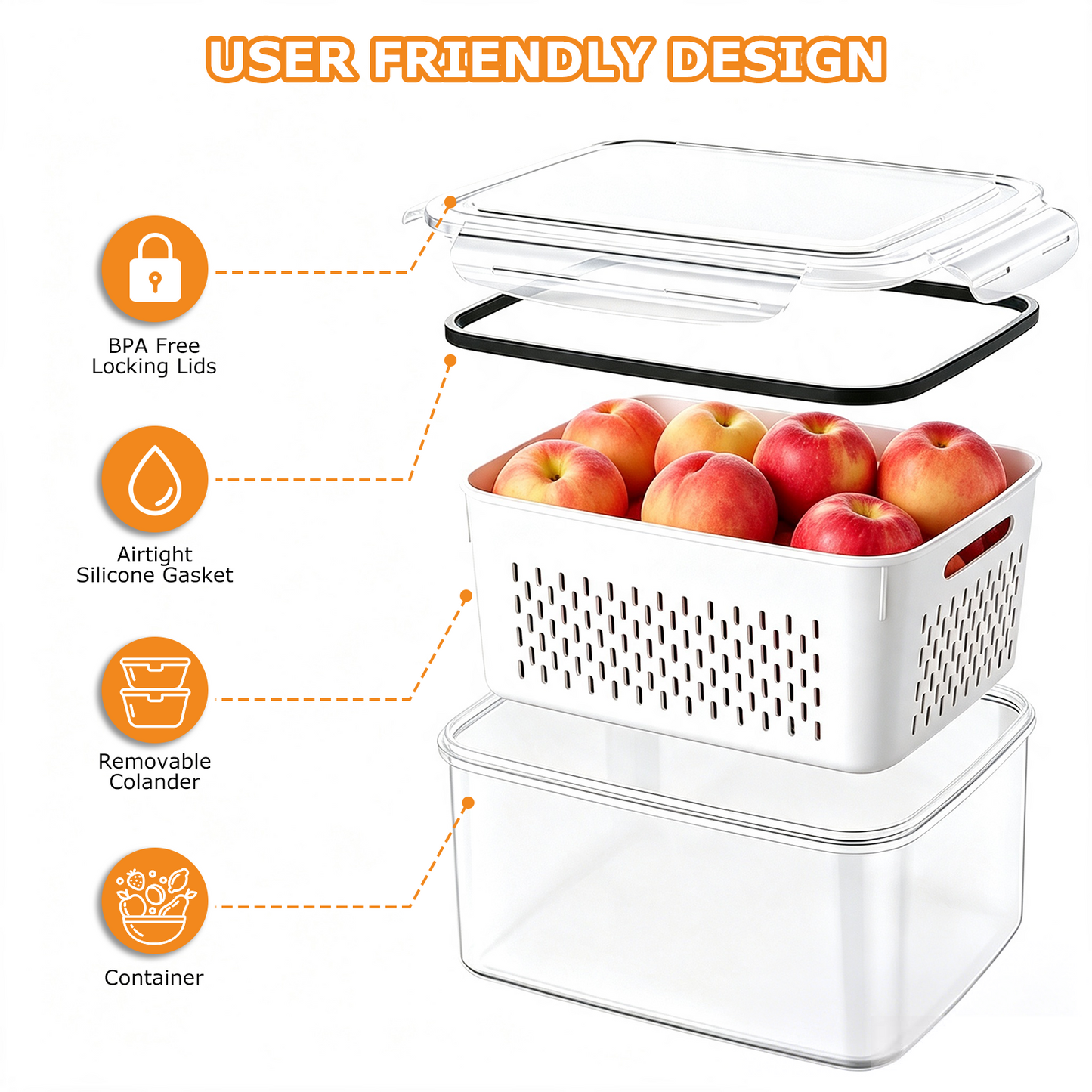 6 Pack Fruit Storage Containers for Fridge with Removable Colanders and Lids, 6 in 1 Leakproof Fridge Organizer Bins for Salad Berry Lettuce Vegetables Meat Keeper Fresh