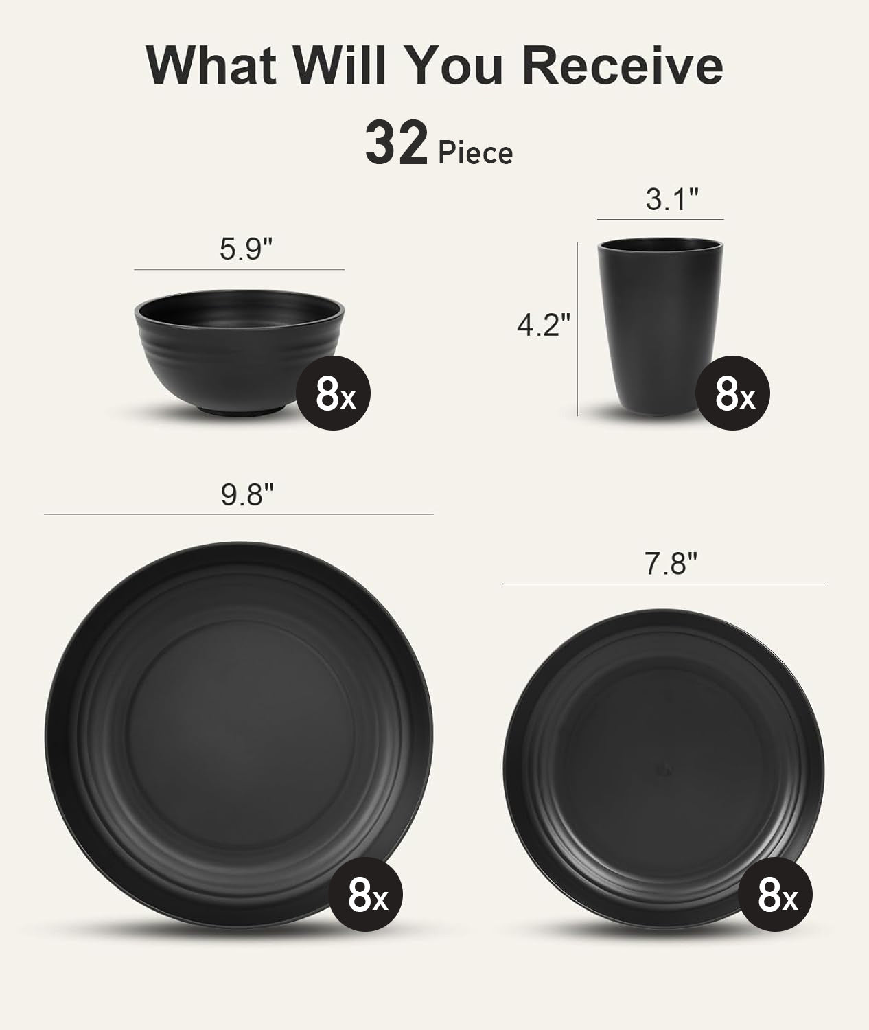 AOKIWO 32 Piece Plates and Bowls Sets for 8, Unbreakable Dinnerware Sets, Plastic Dish Set for Camping, Dishwasher Microwave Safe, Plate,Bowl Cup Set for Outdoor Kitchen Apartment, Black