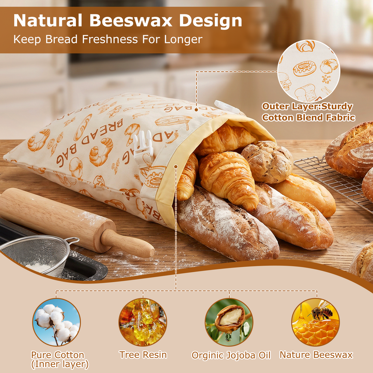 Beeswax Bread Bag, TAIMASI 2 Pack Beeswax Bread Bags for Homemade Bread, Reusable Bread Sourdough Bags, 17 x 12.6'' Cotton Linen Bread Storage Bag