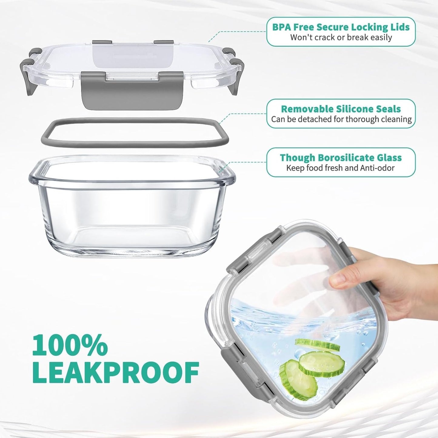 AMALEKO 34pcs Glass Food Storage Containers with Lids Set, Airtight Glass Meal Prep Containers (17 Containers & 17 Lids), Leak Proof Lunch Container BPA-Free, Microwave, Oven, Freezer, Dishwasher Safe-Grey