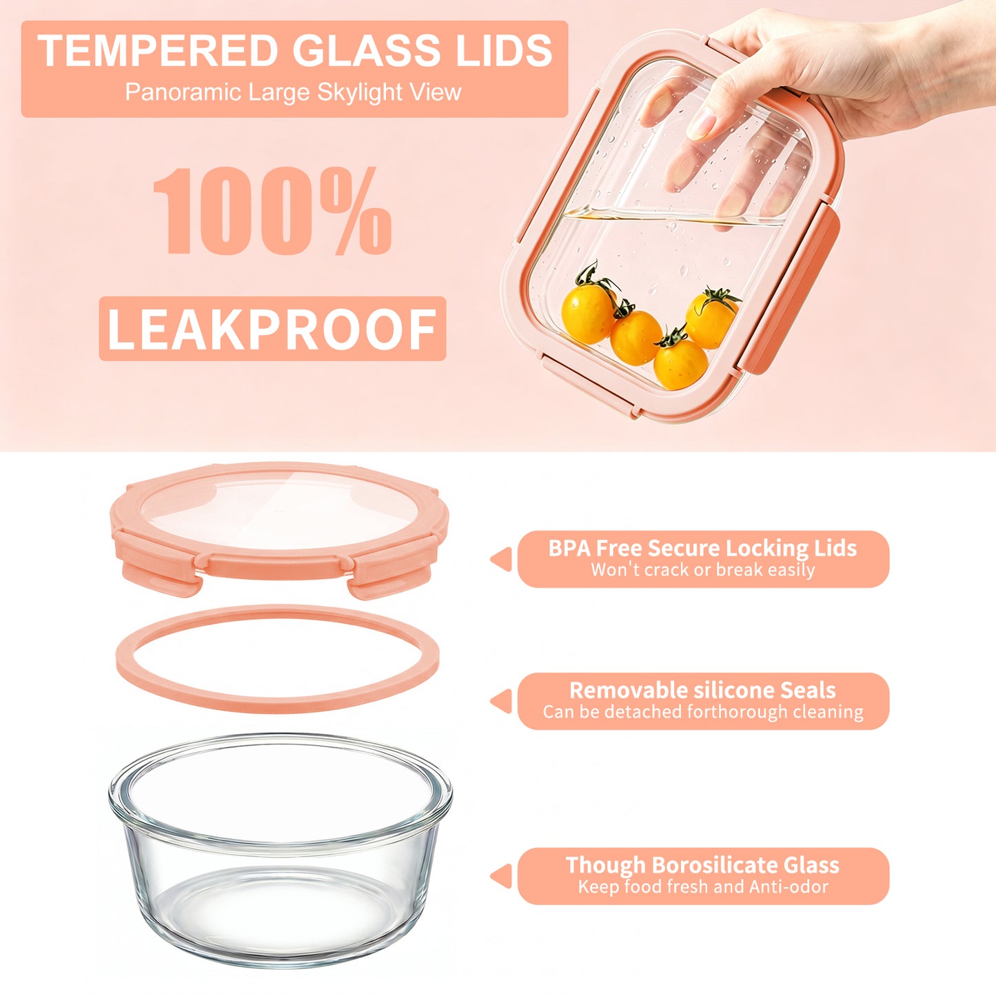 36 Pcs Glass Food Storage Containers with Tempered Lids Set, Borosilicate Oven-Safe(-4°F~950°F), Airtight Meal Prep Lunch Box Containers (18 Containers & 18 Lids), Pink