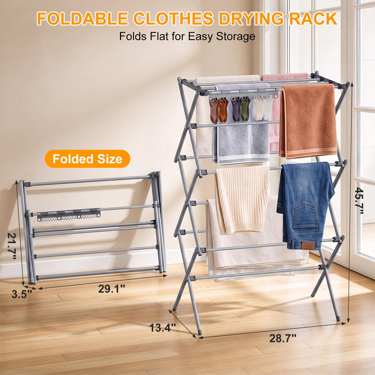 3-Tier Foldable Clothes Drying Rack, Portable Metal Drying Rack Clothing, Collapsible Laundry Drying Rack, Antirust Clothing Rack for Indoor Outdoor Air Drying, 13.4" D x 28.7" W x 45.7" H, Gray
