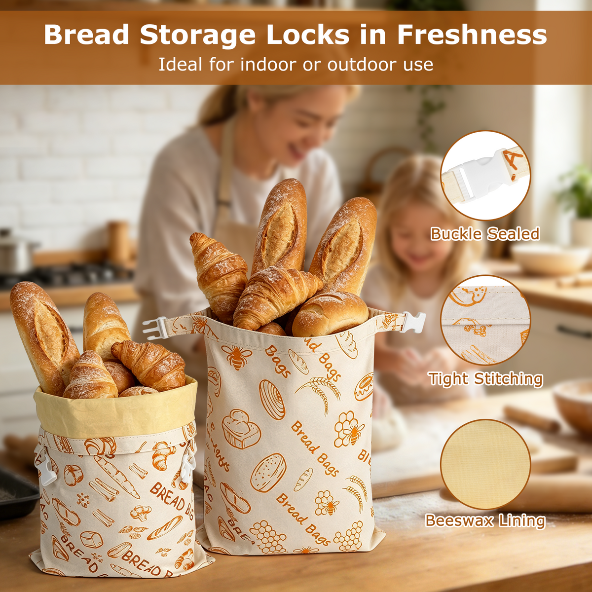 Beeswax Bread Bag, TAIMASI 2 Pack Beeswax Bread Bags for Homemade Bread, Reusable Bread Sourdough Bags, 17 x 12.6'' Cotton Linen Bread Storage Bag
