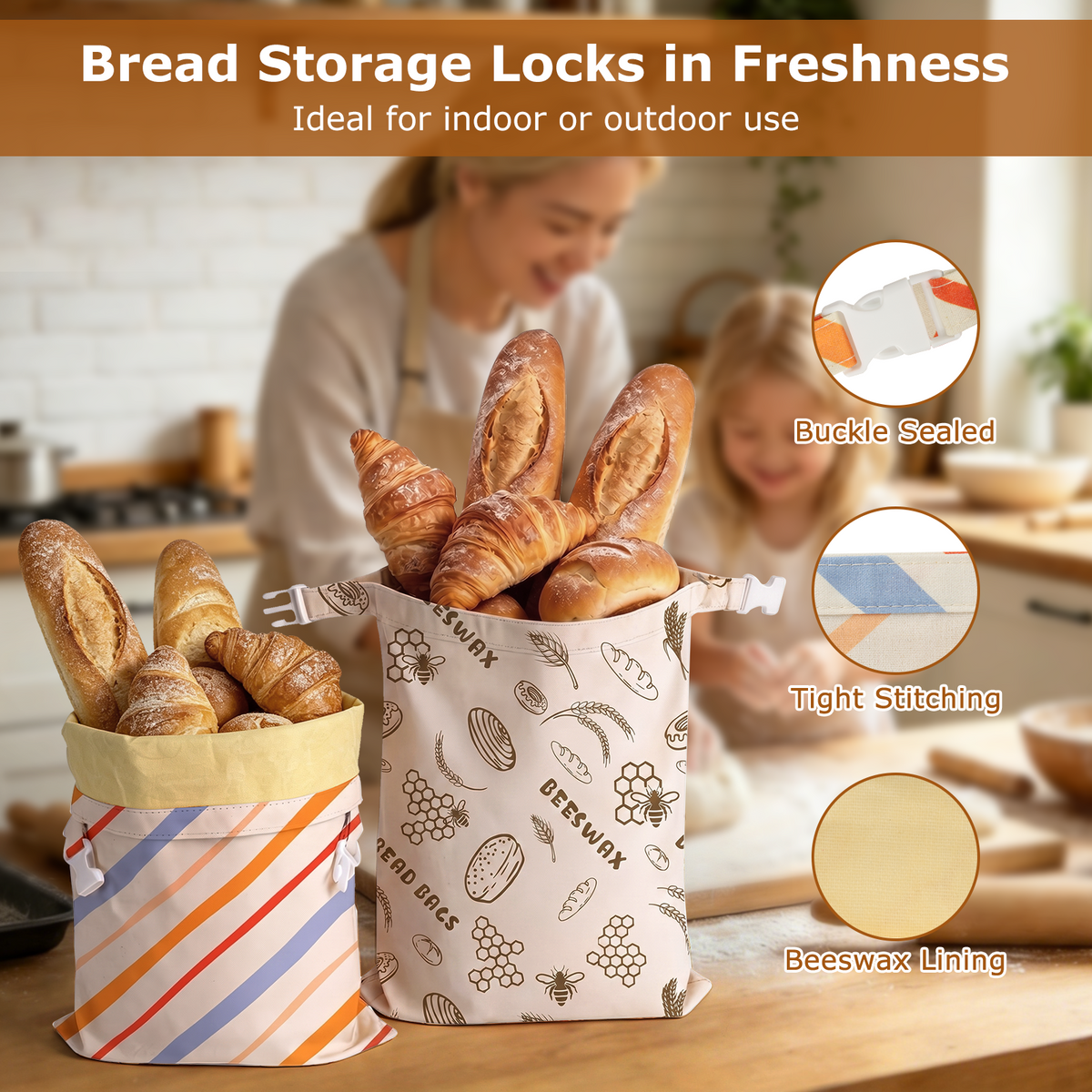 Beeswax Bread Bag, TAIMASI 2 Pack Beeswax Bread Storage Bags for Homemade Bread, Reusable Bread Sourdough Bags, 17 x 12.6'' Cotton Linen Bread Storage Bag