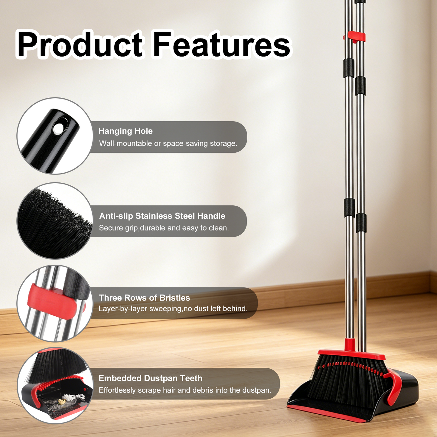 Upgrade Broom and Dustpan Set, TAIMASI Broom with Dustpan Combo with 52" Long Adjustable Handle, Ideal for Indoor Outdoor Garage Kitchen Room Office Lobby Use (Black&Red)