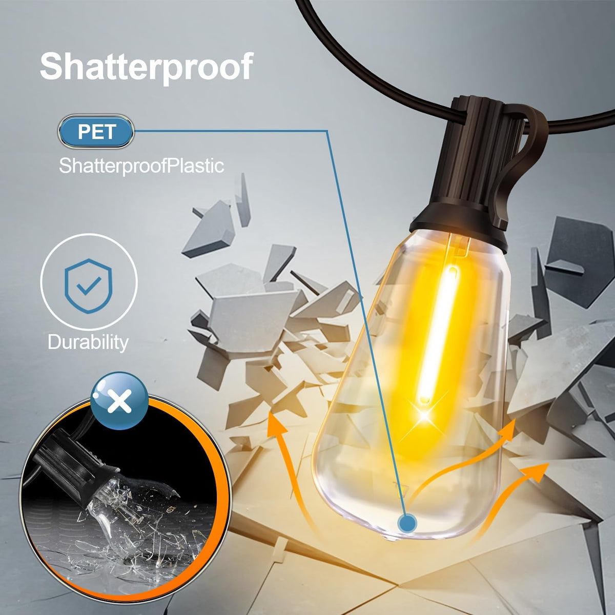 Outdoor String Led Patio Lights, 50Ft Waterproof Light 18 Bulbs+1 Spares with Remote Dimmable ST38 Shatterproof Bulb, for Backyard Yard Porch Party