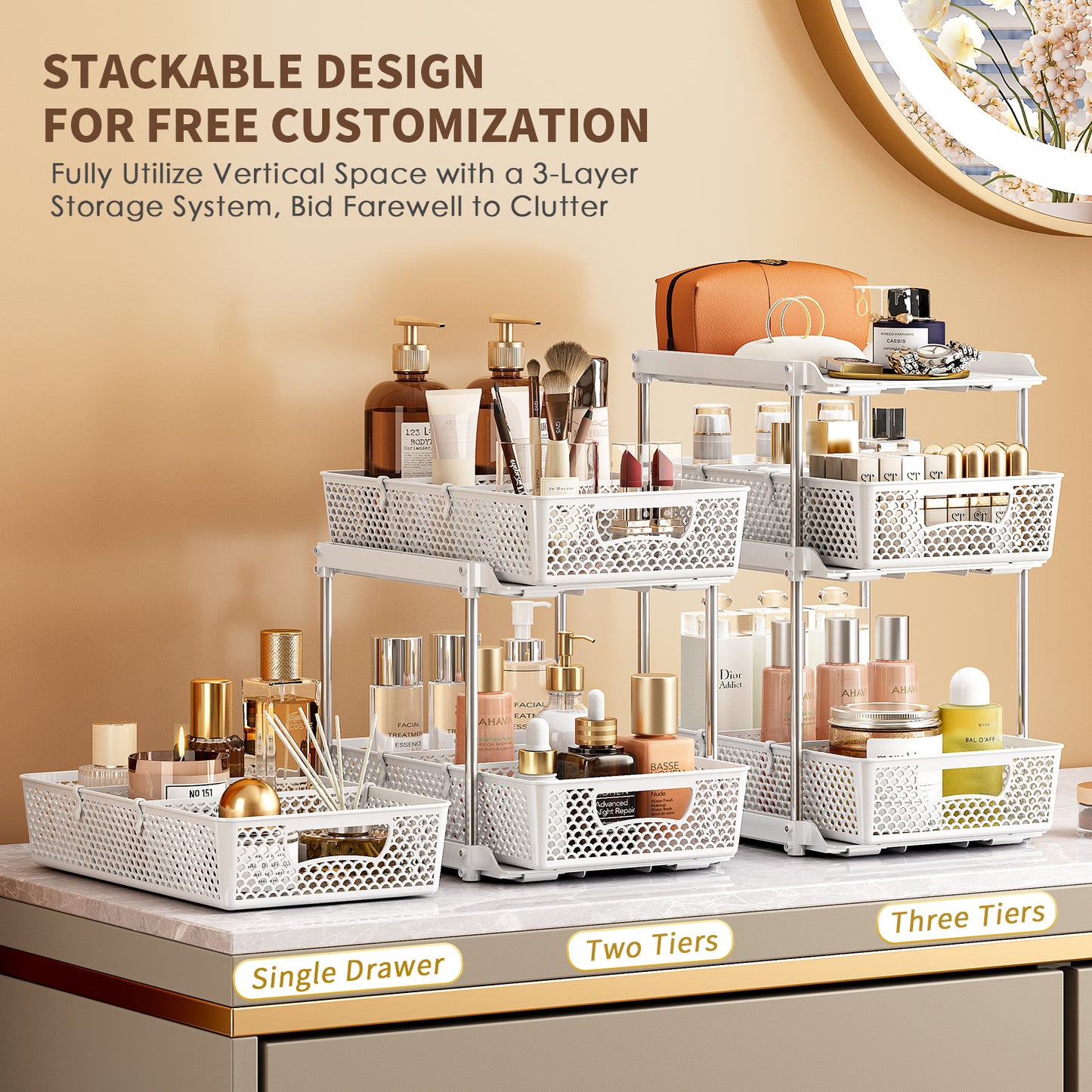 TAIMASI Pull-Out 3 Tier Bathroom Organizers and Storage, Under Sink Organizer, Kitchen Cabinet Organizer White, 3 (Count)