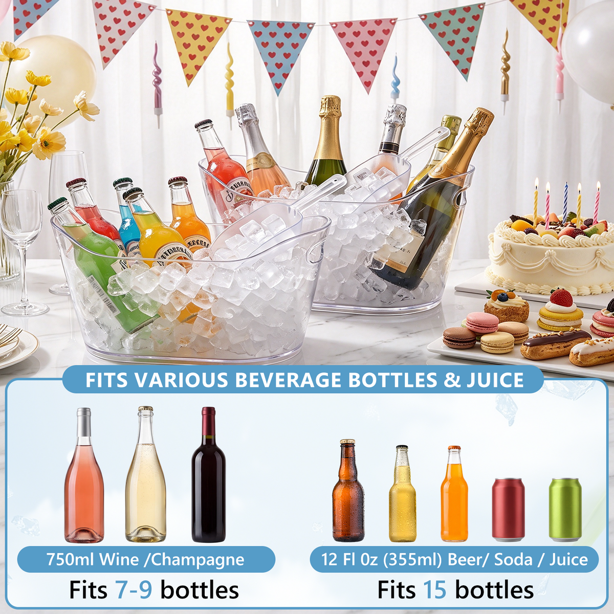 12L Plastic Ice Bucket for Parties with Scoop, TAIMASI 2 Packs BPA Free Large Capacity Drop-Resistant Beverage Tub for Wine, Beer, Juice, Portable Cooler for Outdoor Cocktail Mimosa & Soda Bar