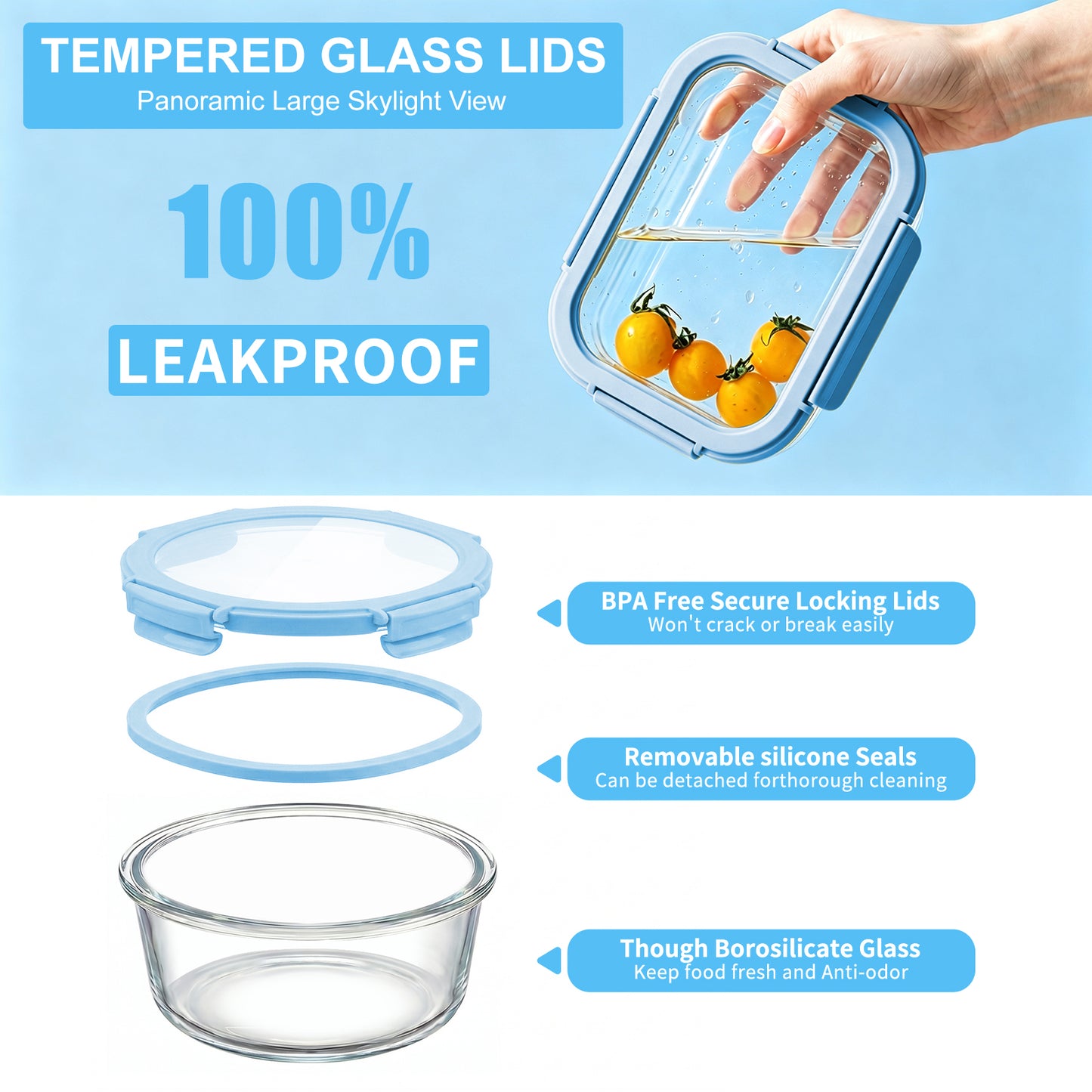 36 Pcs Glass Food Storage Containers with Tempered Lids Set, Borosilicate Oven-Safe(-4°F~950°F), Airtight Meal Prep Lunch Box Containers (18 Containers & 18 Lids), Milk blue