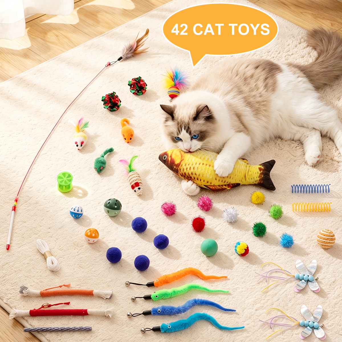 42 Pcs Cat Toys Kitten Toys, Interactive Cat Toy with Collapsible Cat Tunnel Bed, Interactive Kitty Toys Feather Teaser Spring Toy Set for Cat, Kitty