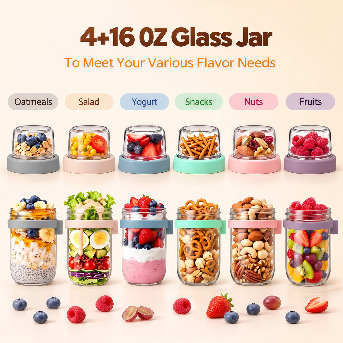 Wynra 6 Pack Dual-Layer Glass Overnight Oats Containers with Lids & Spoons, 16+4 oz Dry-Wet Separation, Leak Proof for Oatmeal, Yogurt & Salad