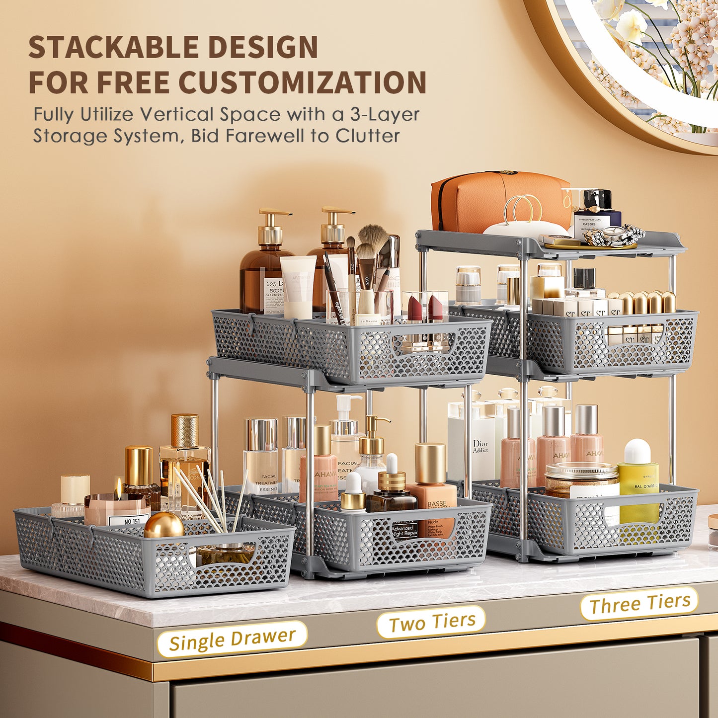 TAIMASI Pull-Out 3 Tier Bathroom Organizers and Storage, Under Sink Organizer, Kitchen Cabinet Organizer Gray, 1 (Count)