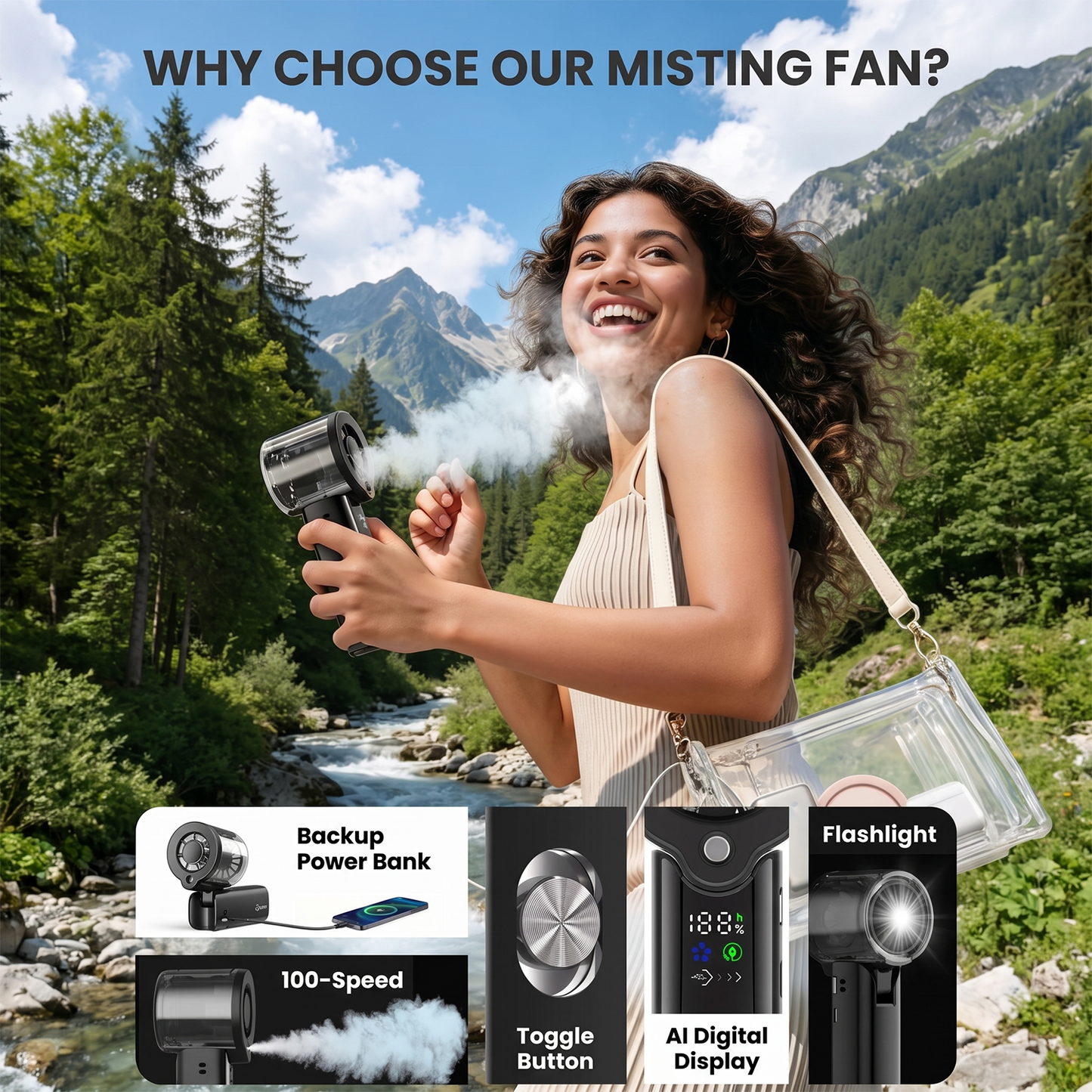 MIBOTE Upgraded Misting Fan Portable Fan with Digital Display, 30ml Water Tank, Multiple Speeds, Portable for Outdoor and Travel – Black
