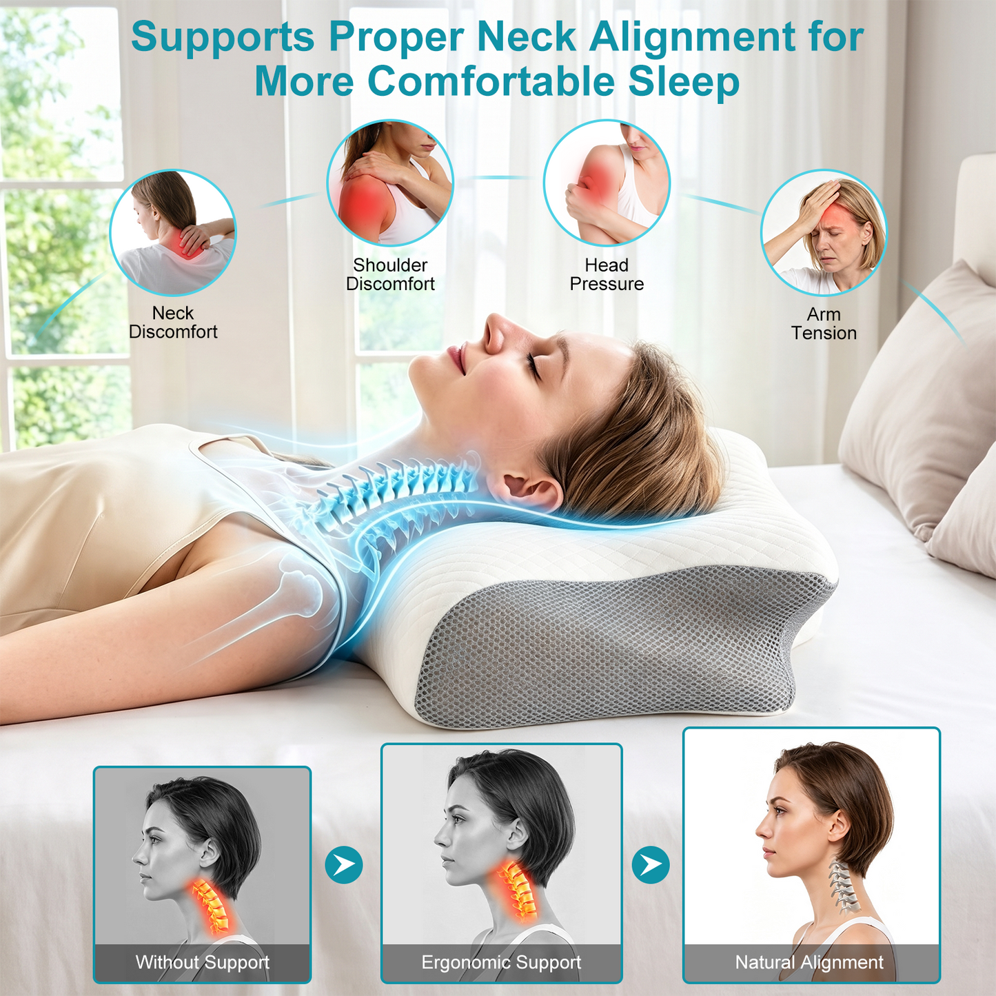 Wyrna Cervical Neck Pillow for Neck Support, Neck Pillow for Pain Relief, 2-Height Memory Foam Pillow, Ergonomic Pillow for Comfortable Side and Back Sleeping, Breathable and Easy to Clean