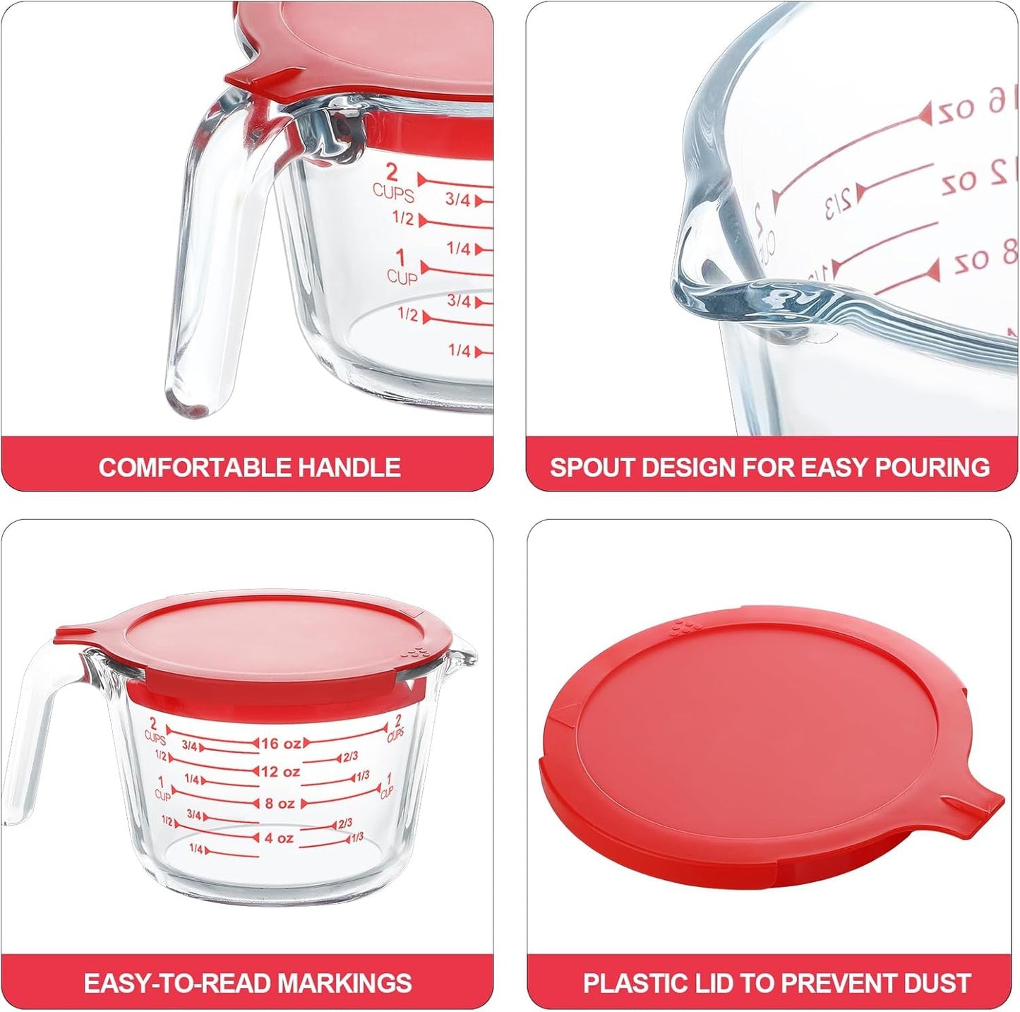 TAIMASI 9 Pcs Glass Measuring Cups Set with Lids, 4-Cup, 2-Cup, 1-Cup, 5 oz Liquid Measuring Cups & 5 Measuring Spoons | Microwave, Freezer & Dishwasher Safe
