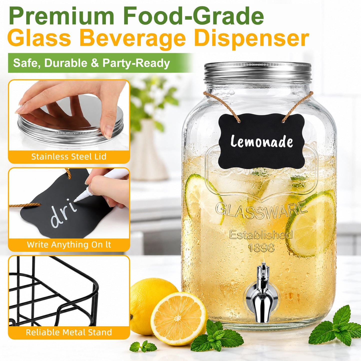 Drink Dispensers, TAIMASI 2 Gallon Glass Beverage Dispenser with Stand & Stainless Steel Spigot for Parties, Lemonade Dispenser for Sun Tea, Picnic