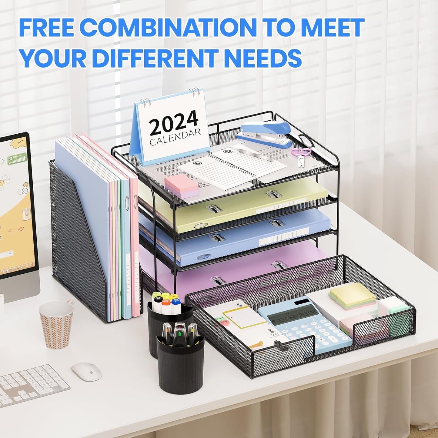 Desk Organizer and Accessories, 4-Tier Desktop File Organizer with Drawer and 2 Pen Holders, Office Desk Accessories & Workspace Organizers (Black)