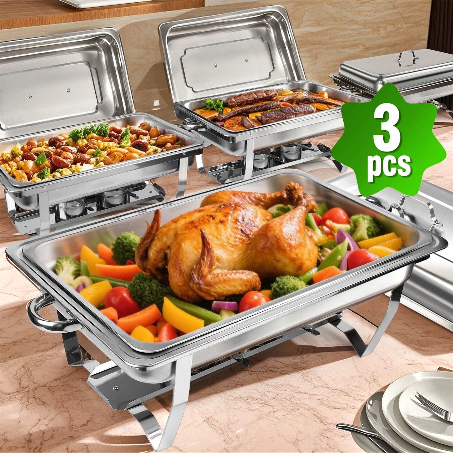 Chafing Dish Buffet Set, AOKIWO 3 Packs Stainless Steel Buffet Warmer, Chafing Dishes for Buffet, Chafers and Buffet Warmer for Parties, Events, Wedding, Camping, Dinner, 8QT Full Pans