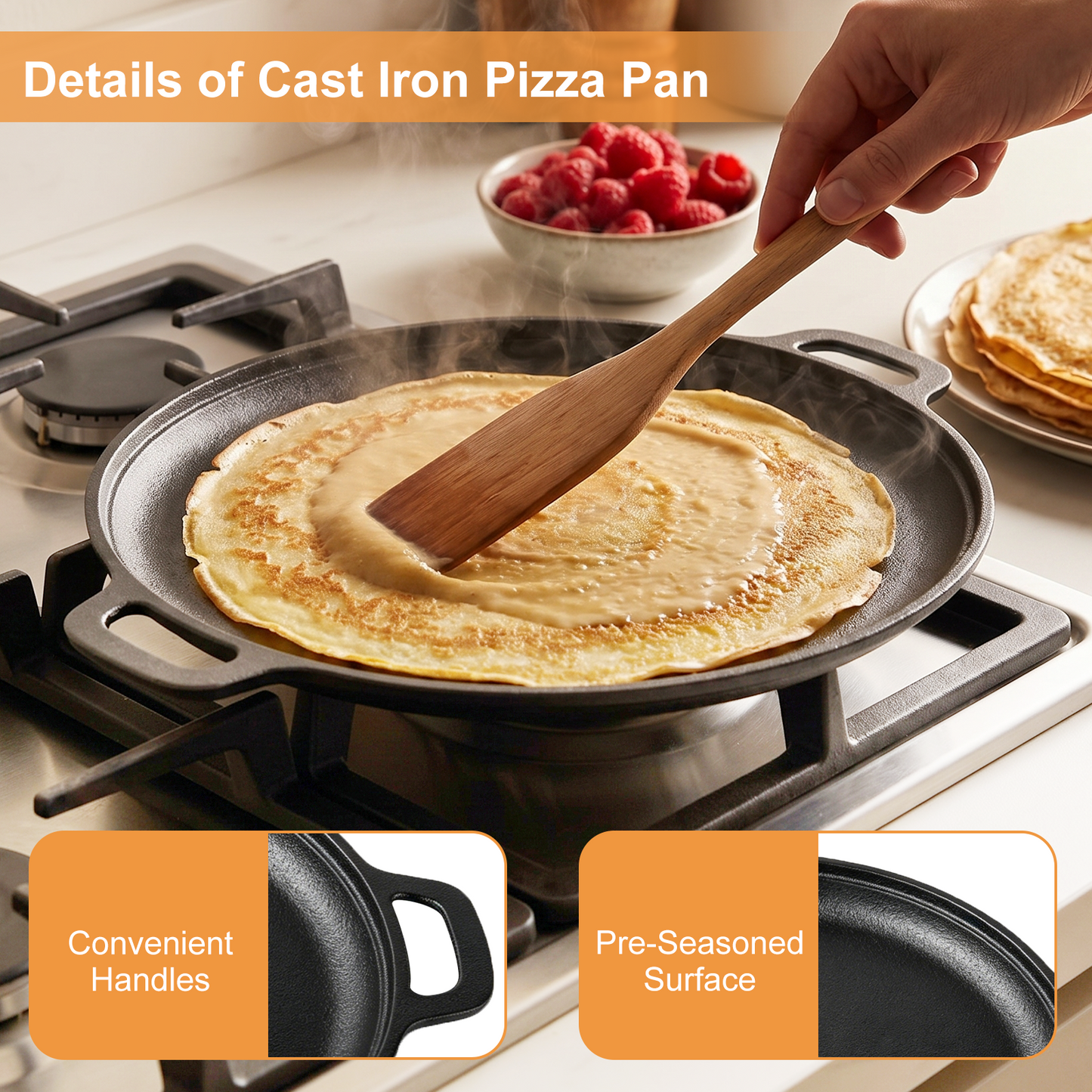 Round Cast Iron Skillet, TAIMASI 12'' Pre-Seasoned Cast Iron Frying Pan with Dual Handle, Oven Safe Pizza Pan for Grill, BBQ, Roasting, All Stovetops Safe