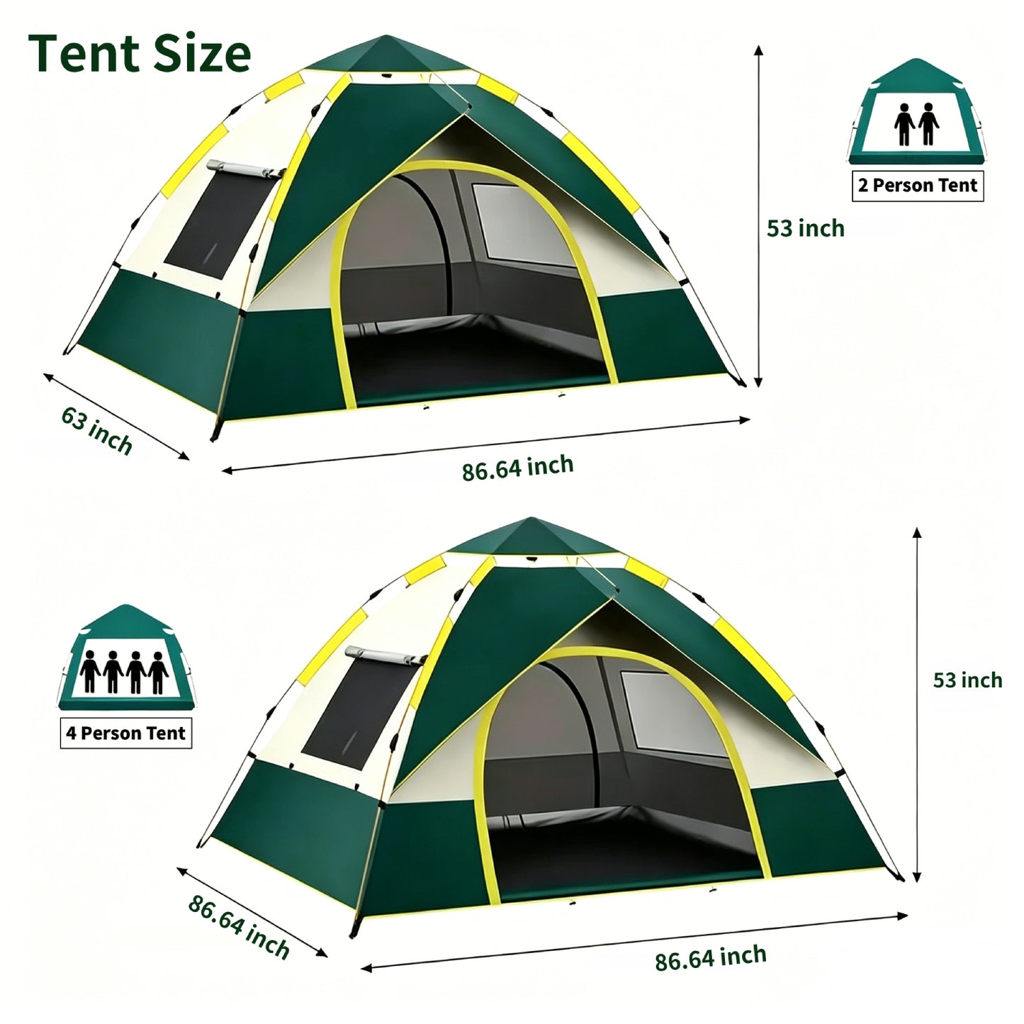 Mibote 4-Person Camping Tent, Auto Setup Pop Up Tent, Waterproof, Huge Door & Windows for Camping, Hiking, Travel