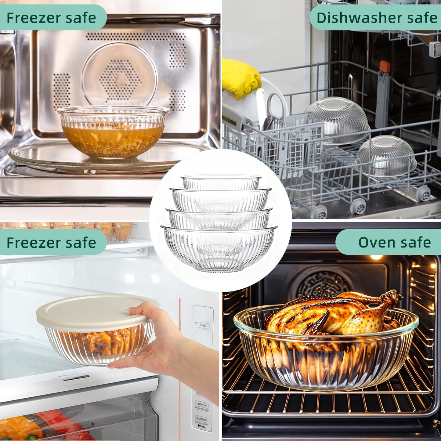 Glass Mixing Bowls Set, AOKIWO 9 Pack 4 Size Glass Food Mixing Bowls with BPA-Free Lids & Baking Tools, Nesting Storage Bowls for Kitchen, Great for Prep, Baking, Serving