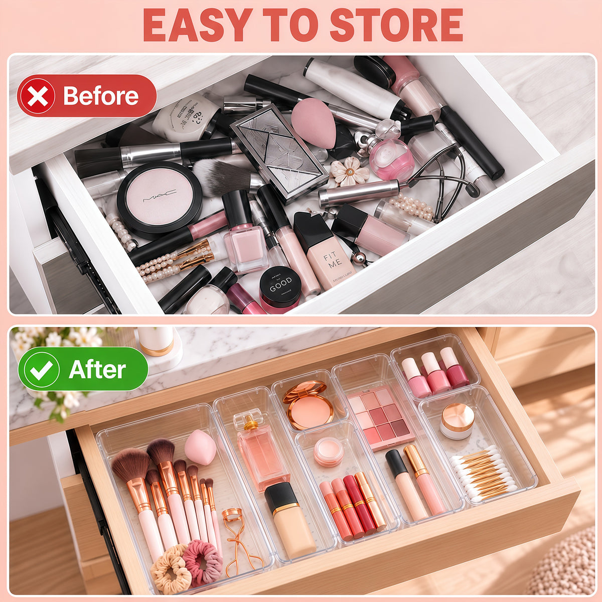 TAIMASI 38 Pcs Clear Plastic Drawer Organizer Set, 4 Sizes Desk Drawer Divider Organizers and Storage Bins for Makeup, Jewelry, Gadgets for Kitchen, Bedroom, Bathroom, Office