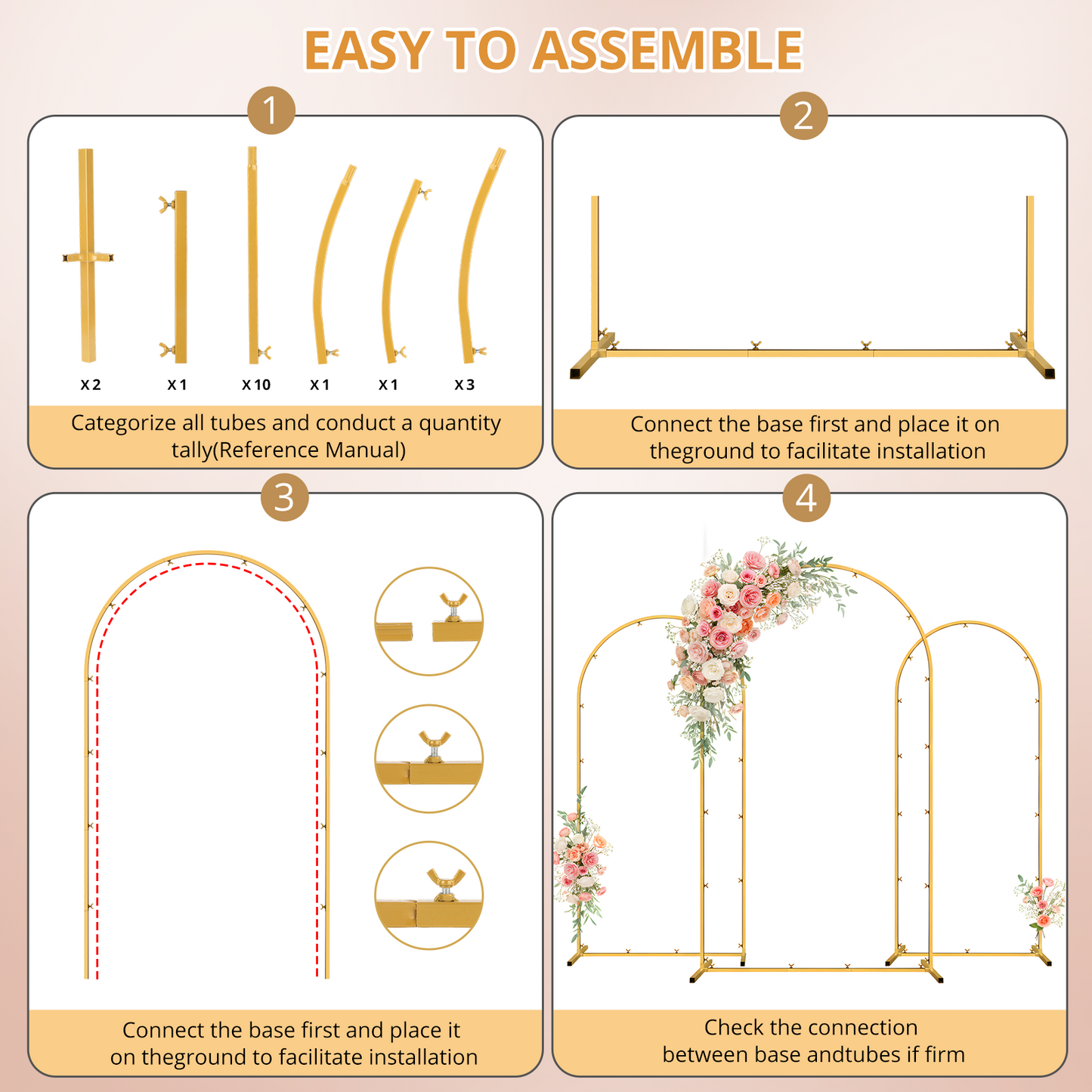 Mibote Metal Arch Backdrop Stand,7.2FT+6.6FT+6FT Gold Wedding Arch Backdrop Stand Set of 3 for Wedding Birthday Party Decor