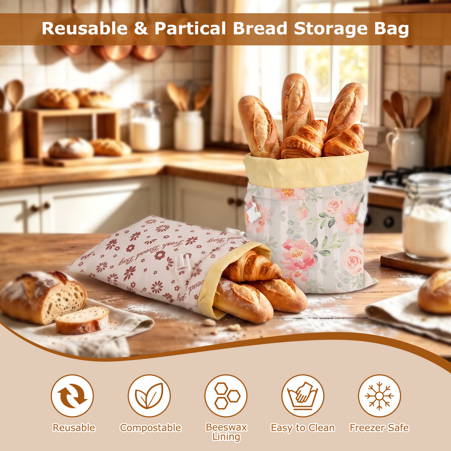 Beeswax Bread Bag, TAIMASI 2 Pack Beeswax Bread Storage Bags for Homemade Bread, Reusable Bread Sourdough Bags, 17 x 12.6'' Cotton Linen Bread Storage Bag