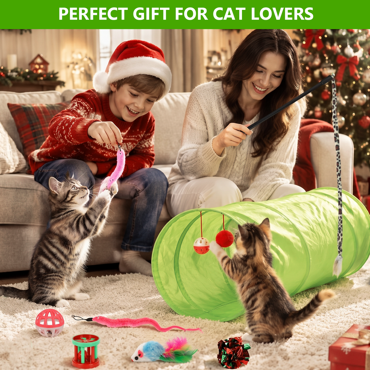 TAIMASI 31 Pcs Cat Toys Kitten Toys, Assorted Interactive Cat Toys Set with Collapsible Cat Tunnel, Teaser Wand, Fluffy Mouse Toy, Crinkle Balls