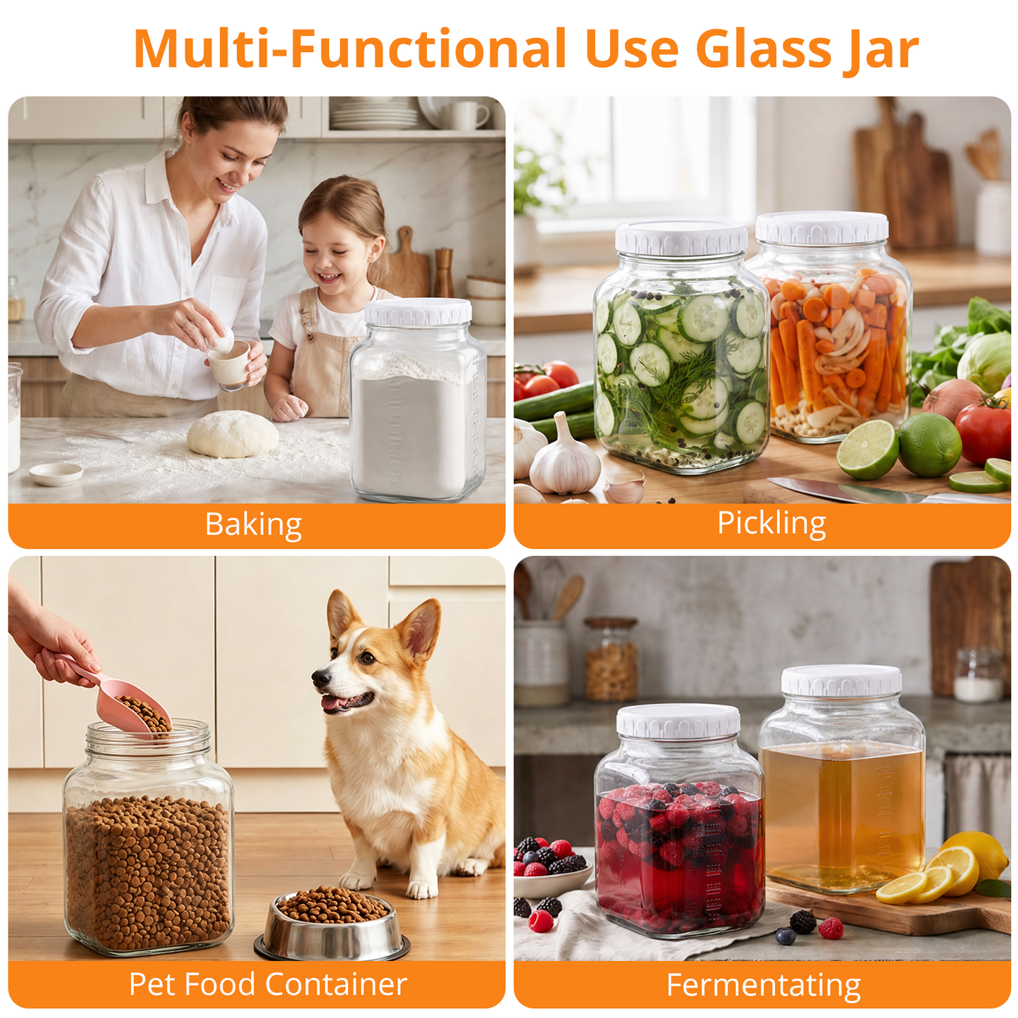 1 Gallon Clear Glass Jar with Lid, TAIMASI 2 Pack Wide-Mouth Large Mason Jars with Silicone Gasket, 2 Scale Mark, Glass Storage Container for Canning, Pickling, Storing Food