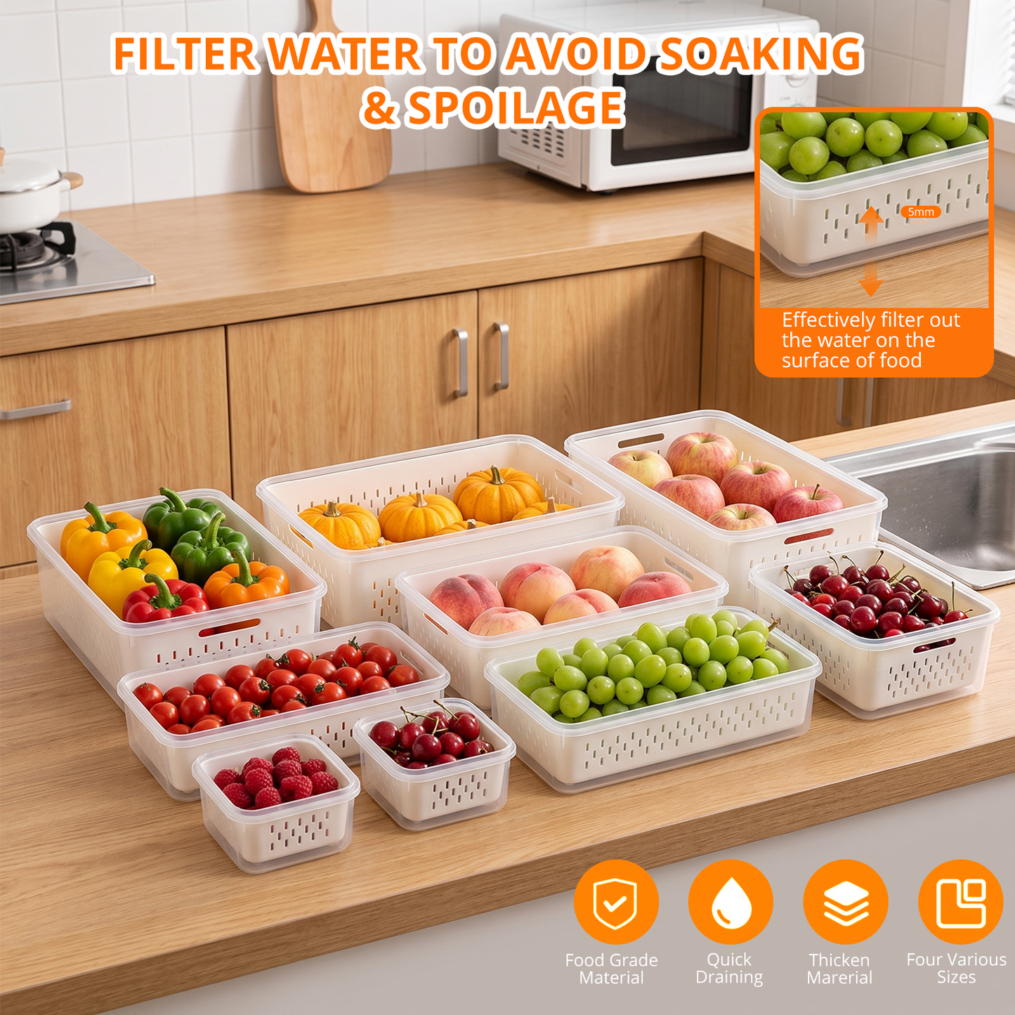 10 Pack Fruit Storage Containers for Fridge with Removable Colander & Handle Lid, Refrigerator Organizers and Storage, 10-in-1 Leakproof Organizer for Salad, Berries, Vegetables & Meat.